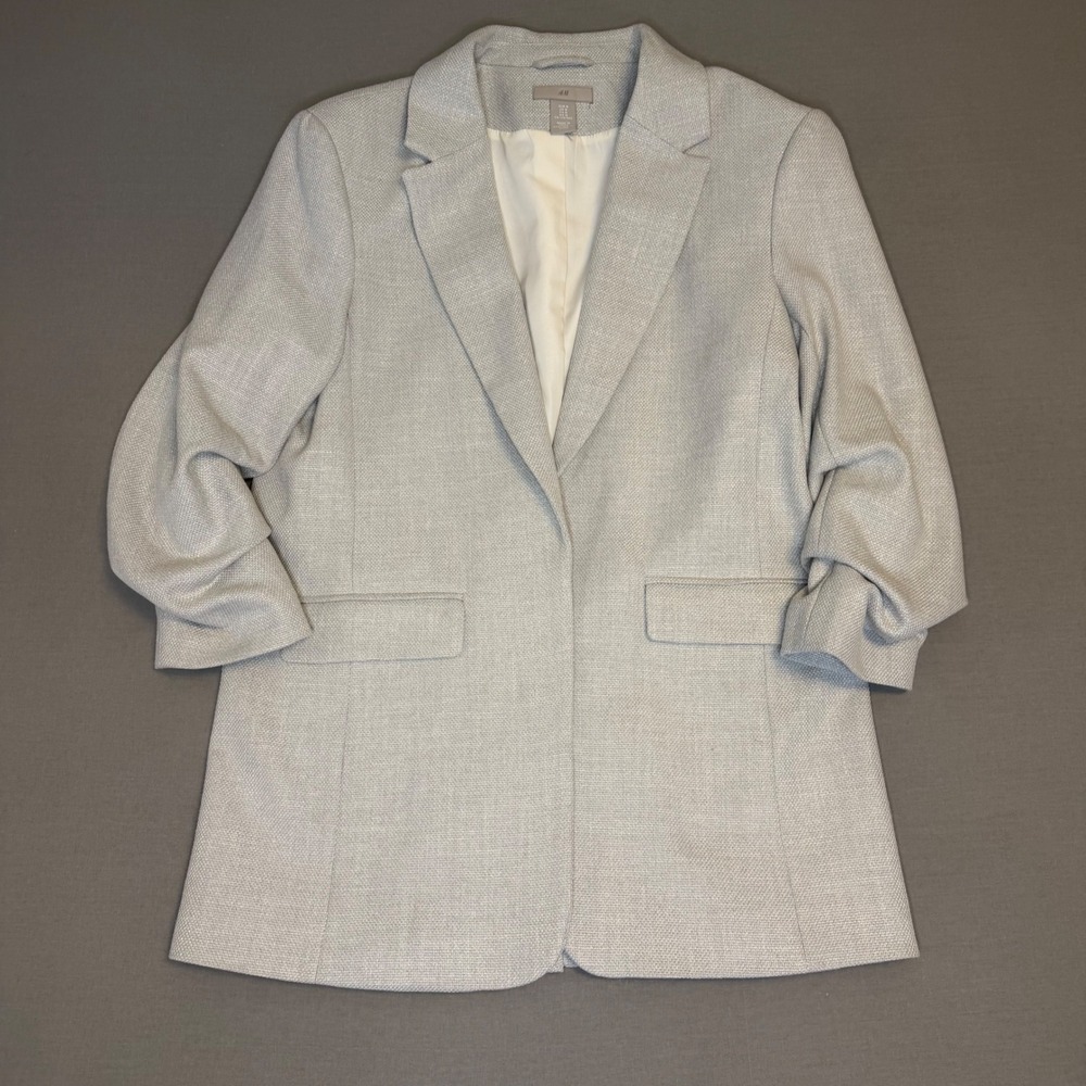 HM Light Gray Ruched Sleeve Textured Blazer Jacket Size M